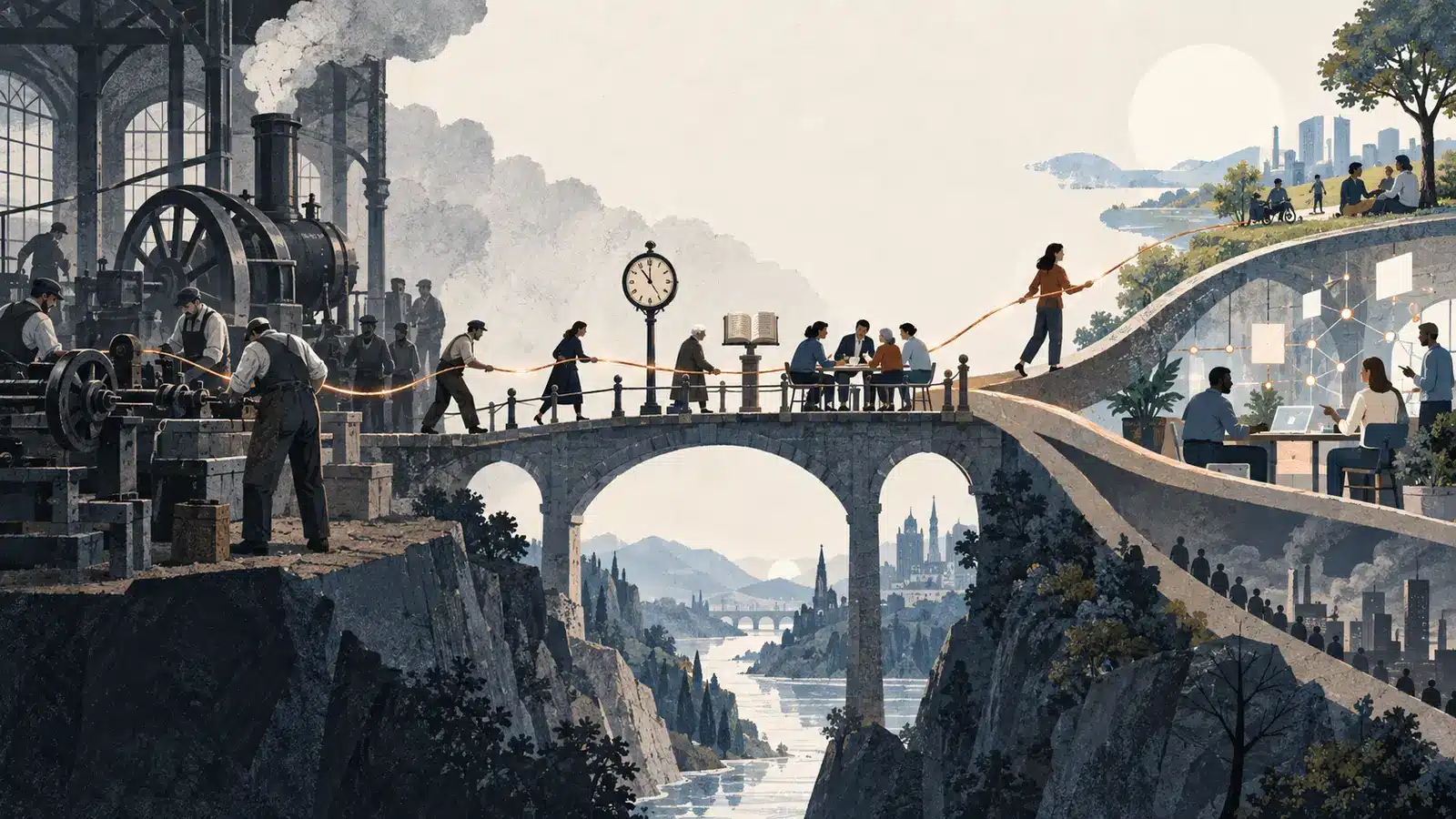 Illustration einer Brücke von der Industrialisierung zur AI-geprägten Arbeitswelt