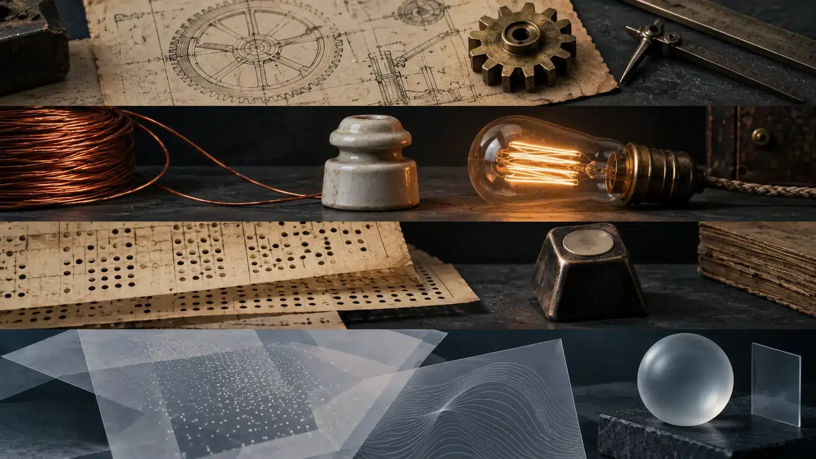 Mechanik, Elektrizität, Lochkarten und moderne Datenformen sind als historische Schichten angeordnet.