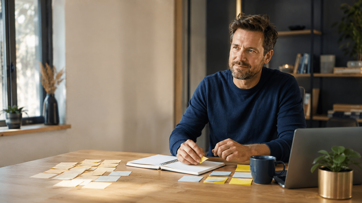 Selbstständiger sortiert Notizen zur Entwicklung einer klaren Positionierung