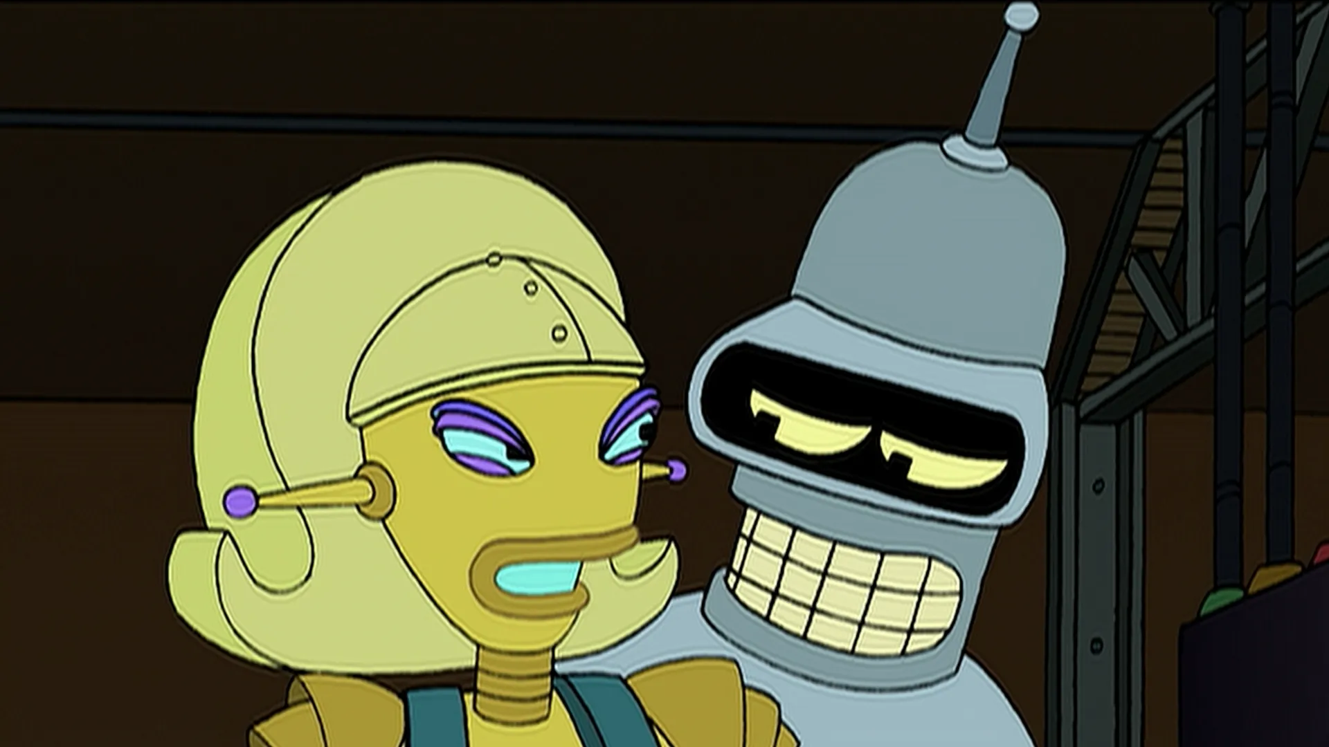 Offizielles Episodenbildzitat aus Futurama, Bendless Love: Bender und seine Kollegin stehen im Mittelpunkt der Geschichte über Arbeit, Streik und Identität.