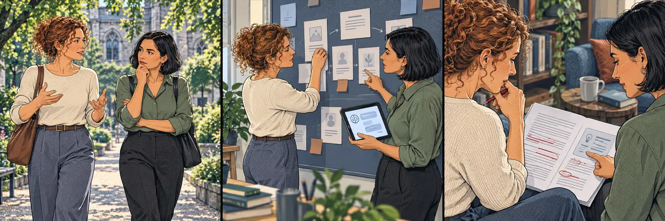 Zwei Frauen entwickeln beim Spaziergang ein Blogthema, strukturieren es am Whiteboard und redigieren den Text.