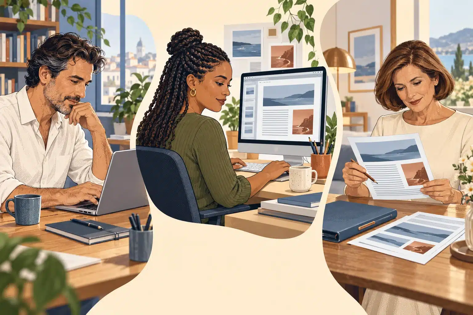 Drei Personen arbeiten getrennt an einem Newsletter: Textentwurf, Gestaltung am Bildschirm und abschließende Prüfung.
