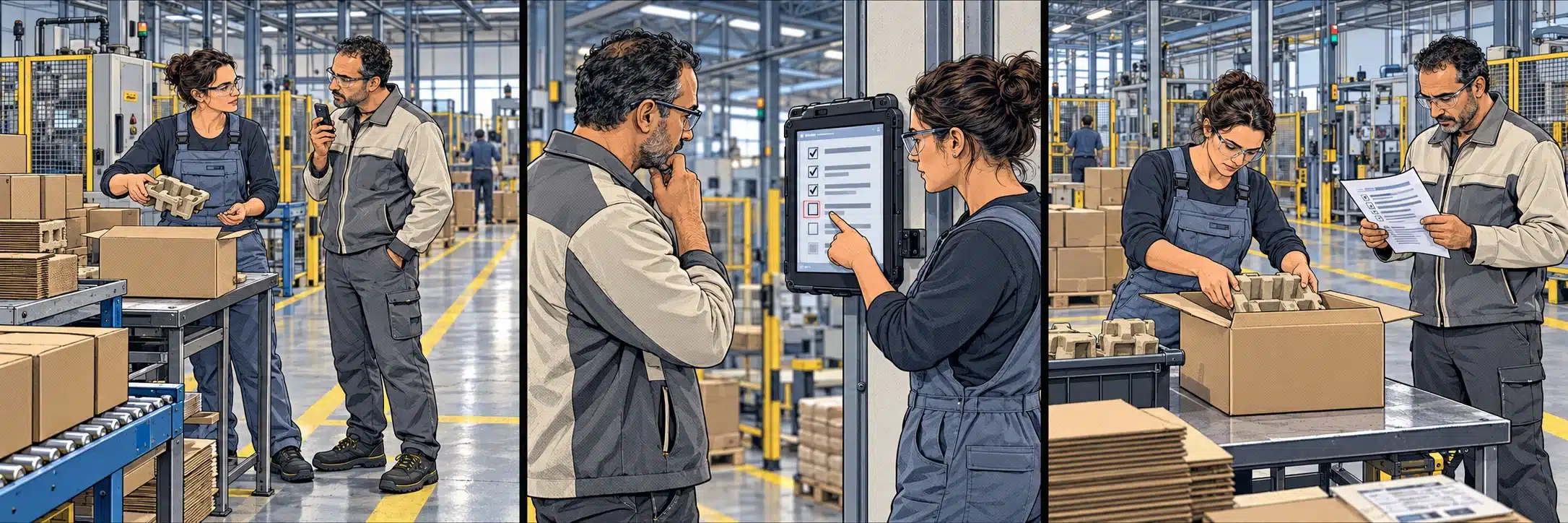 Mitarbeitende dokumentieren einen Ablauf in der Fabrik und testen die Arbeitsanweisung gemeinsam.