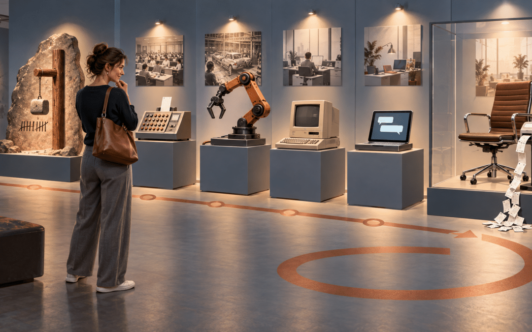 Humorvolle Zukunftslabor-Ausstellung: Eine Besucherin betrachtet Stationen der Arbeitswelt von der Stechuhr über Roboterarm und Computer bis zum leeren Bürostuhl.