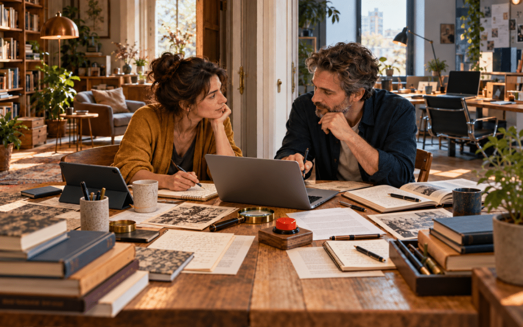 Zwei Erwachsene prüfen an einem gemeinsamen Tisch zwischen offenen Arbeitsräumen digitale und gedruckte Quellen; Lupe und Stopptaste stehen für Kontrolle.