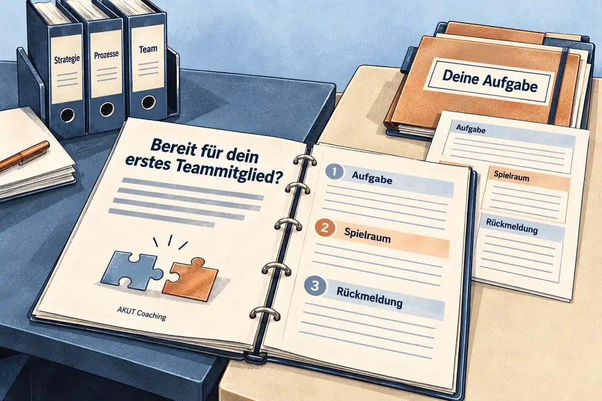 Der AKUT-Selbstcheck zum ersten Teammitglied liegt neben einer Mappe mit abgegrenzten Aufgaben.