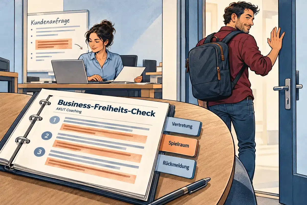 Ein Unternehmer gewinnt Freiraum, während sein Kollege eine Anfrage eigenständig übernimmt; daneben liegt der Business-Freiheits-Check von AKUT Coaching.