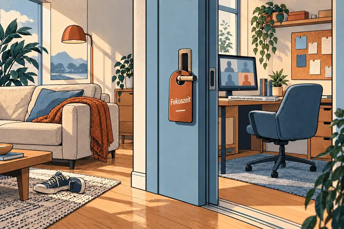 Eine klar erkennbare räumliche Grenze trennt Fokuszeit im Homeoffice vom Wohnbereich.