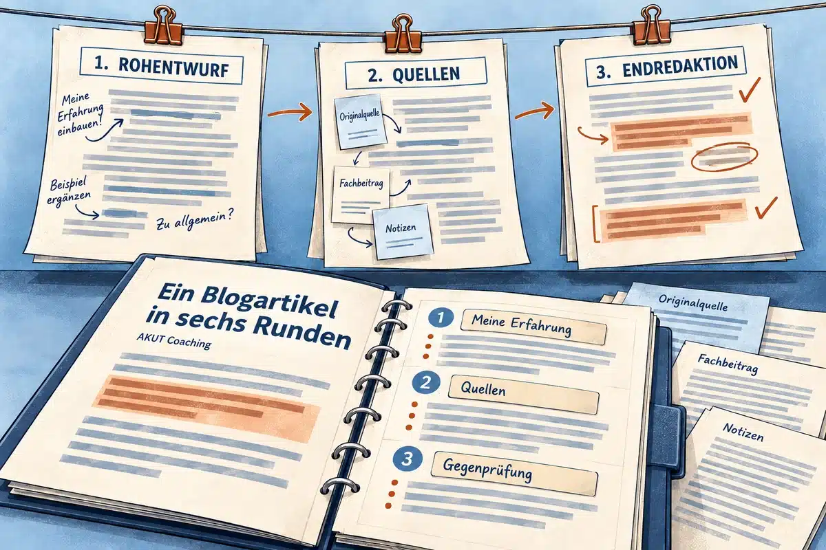 Artikelentwürfe, persönliche Notizen und Quellen zeigen die schrittweise redaktionelle Überarbeitung.