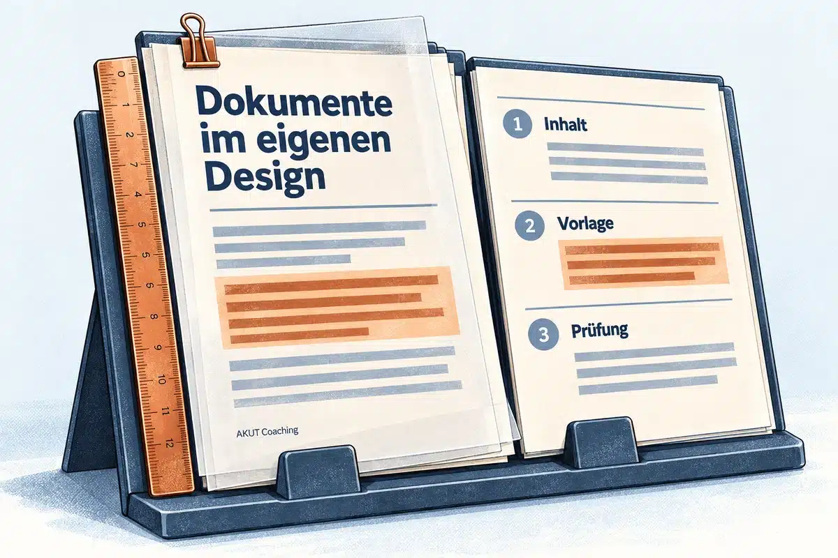 Ein Dokument wird mit einer Gestaltungsvorlage auf einheitliche Ränder und Überschriften abgeglichen.