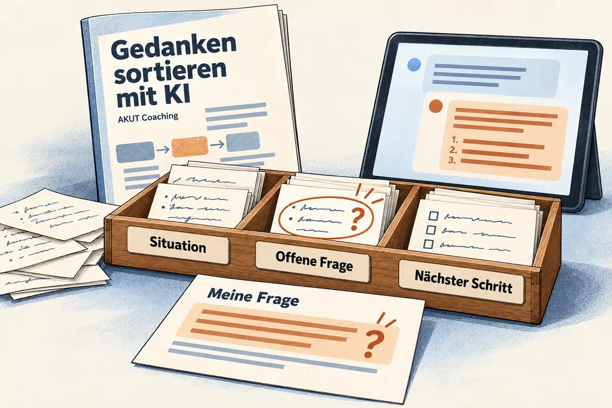 Ungeordnete Gedanken werden in Fächern sortiert und zu einer konkreten Frage verdichtet.