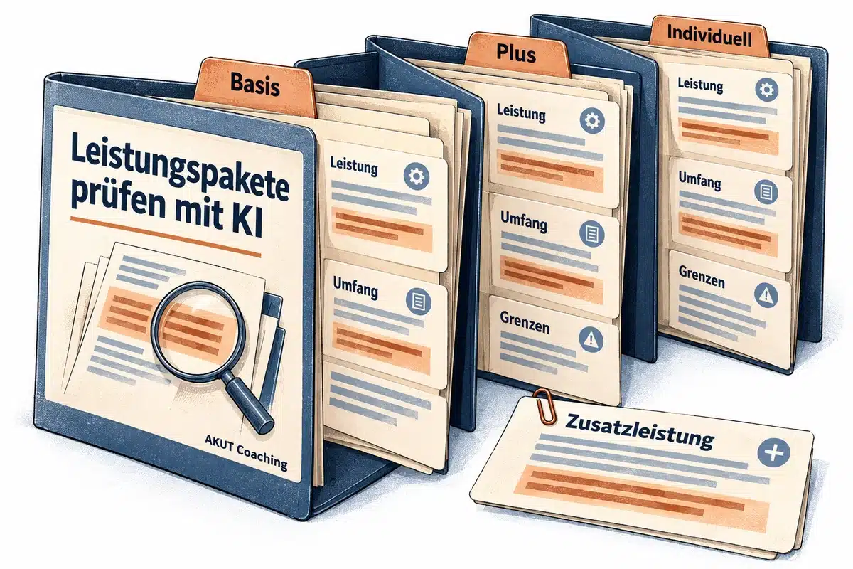 Drei Leistungspakete zeigen ihren jeweiligen Umfang und eine gesonderte Zusatzaufgabe.