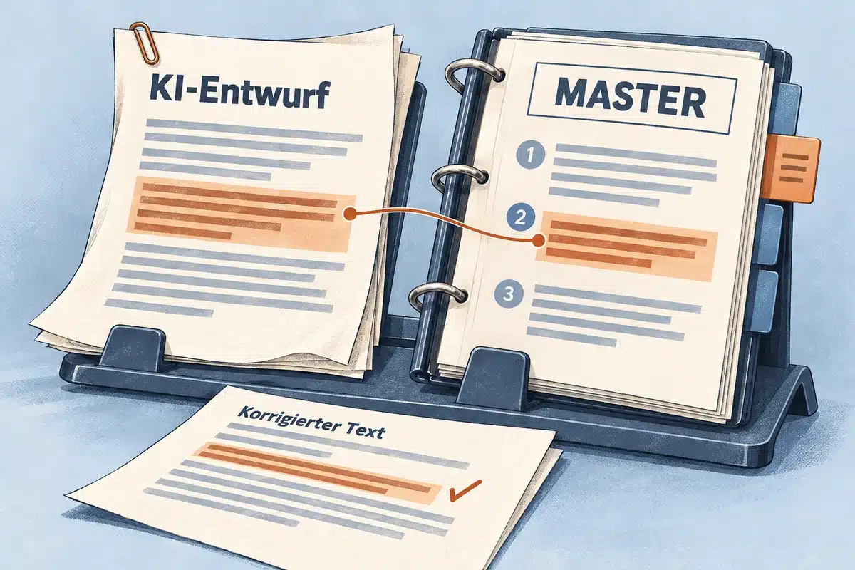Ein KI-Entwurf wird mit der Masterrichtlinie verglichen und sichtbar korrigiert.