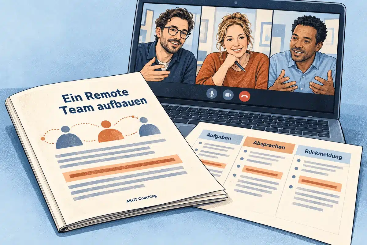 Ein Laptop verbindet drei Teammitglieder; der AKUT-Leitfaden und vereinbarte Aufgaben liegen daneben.