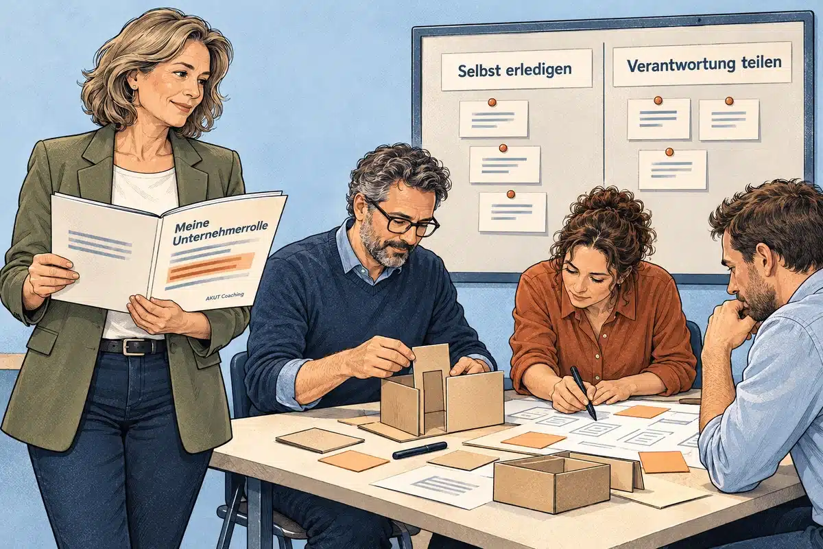 Eine Unternehmerin betrachtet die Aufgabenverteilung, während ihr Team selbstständig arbeitet.