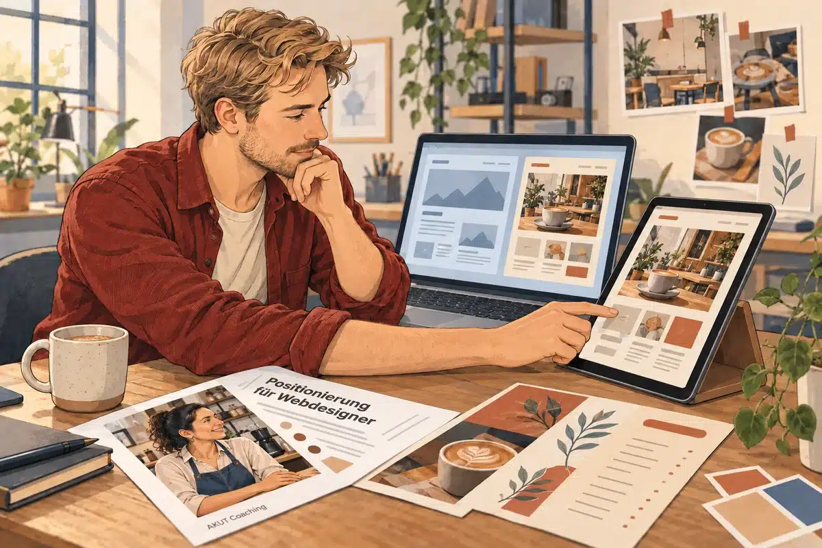 Ein Webdesigner gleicht Websiteentwürfe mit einem konkreten Kundenangebot ab.