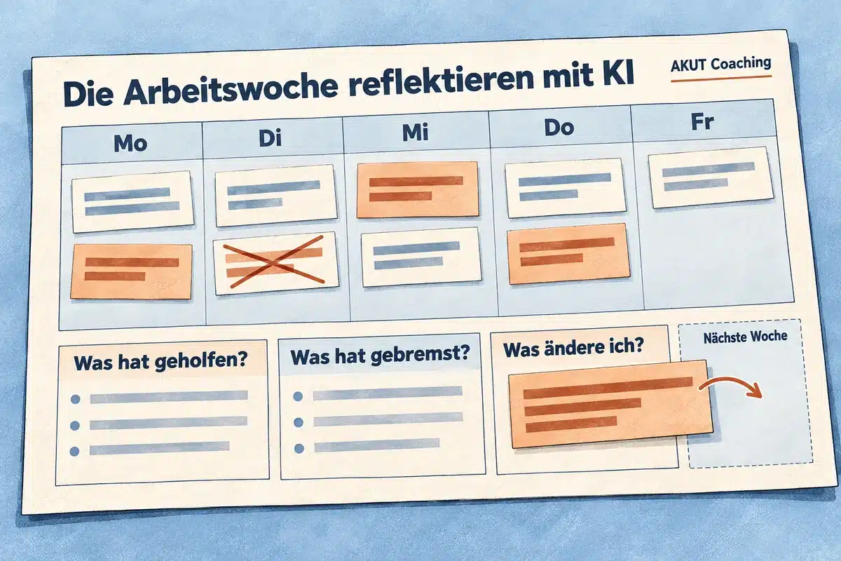 Ein Wochenrückblick von AKUT Coaching verbindet fünf Arbeitstage mit drei Reflexionsfragen.