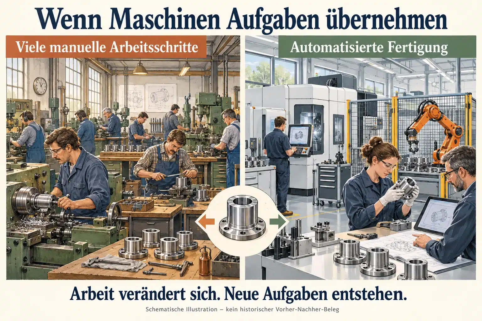 Schematischer Vergleich einer Fertigung mit vielen Menschen an Maschinen und einer stärker automatisierten Halle mit wenigen Fachkräften.