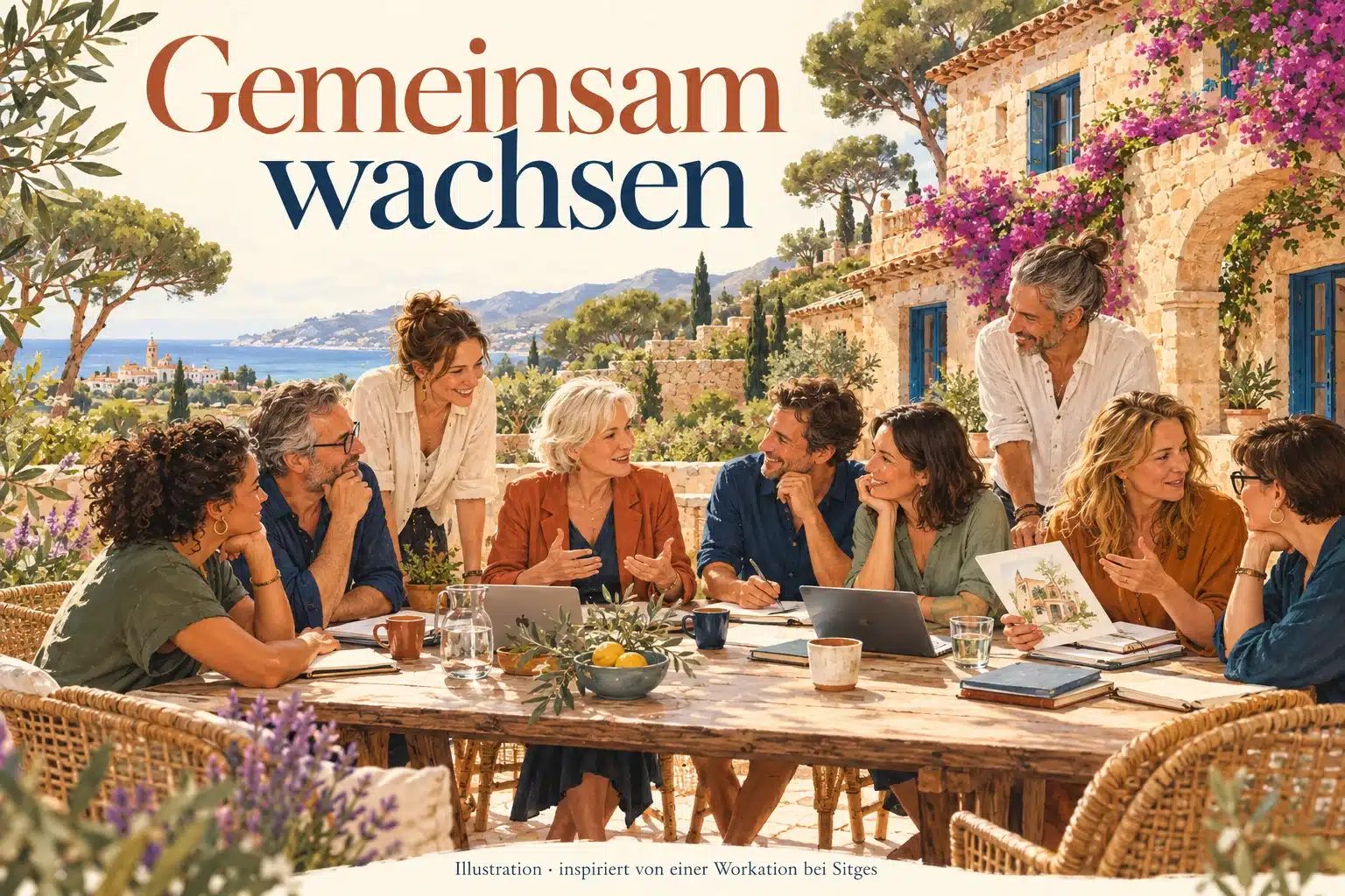 Illustration einer vielfältigen Gruppe, die sich an einem langen Tisch im Hof einer mediterranen Finca über Ideen und Projekte austauscht.